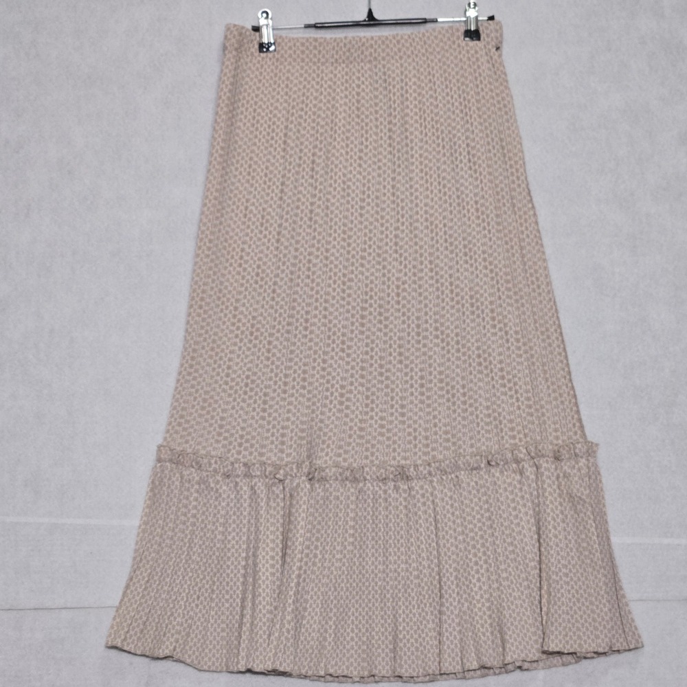 Alice Blue Tan Geometric Pleated Midi Skirt Tiered Ruffle Hem size M 29"